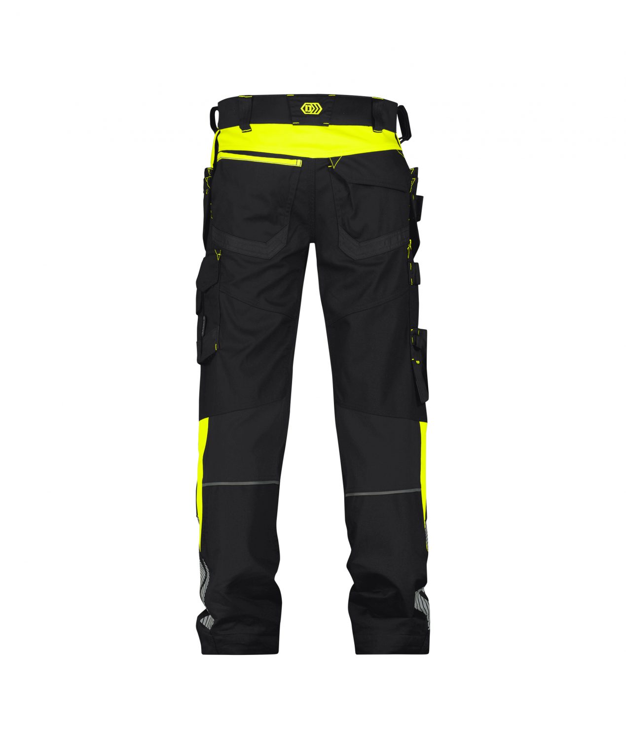 shanghai stretch work trousers with holster pockets and knee pockets black fluo yellow back