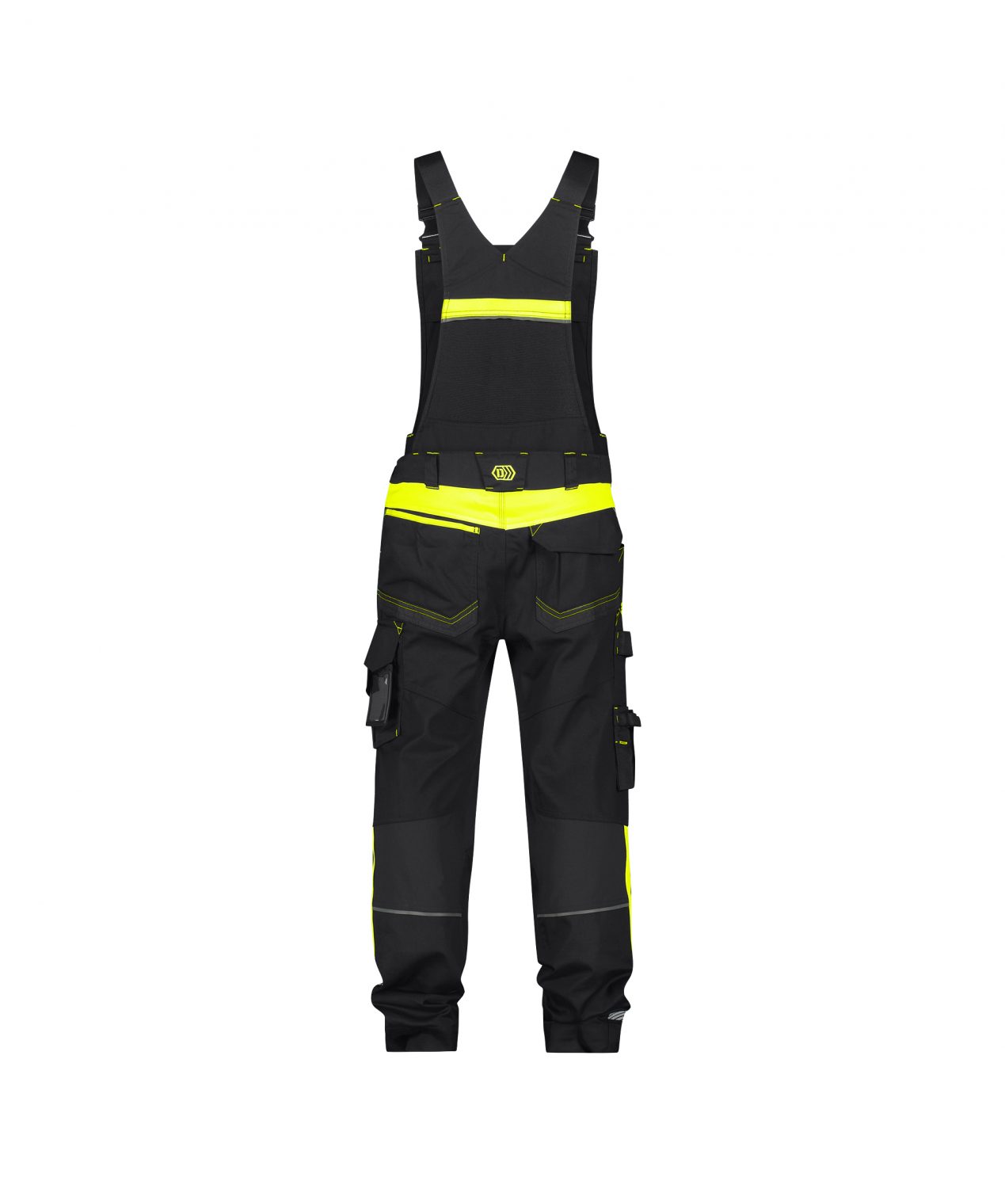 ulsan brace overall with stretch and knee pockets black fluo yellow back