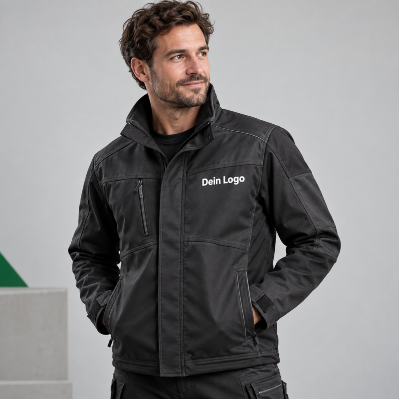Neutrale Workwear mit „Dein Logo“ als DTF Blockout auf der linken Brust