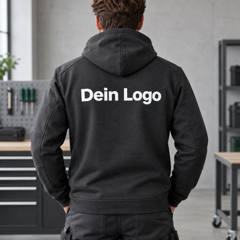 Neutrale Workwear mit „Dein Logo“ als DTF Blockout mittig auf dem Rücken