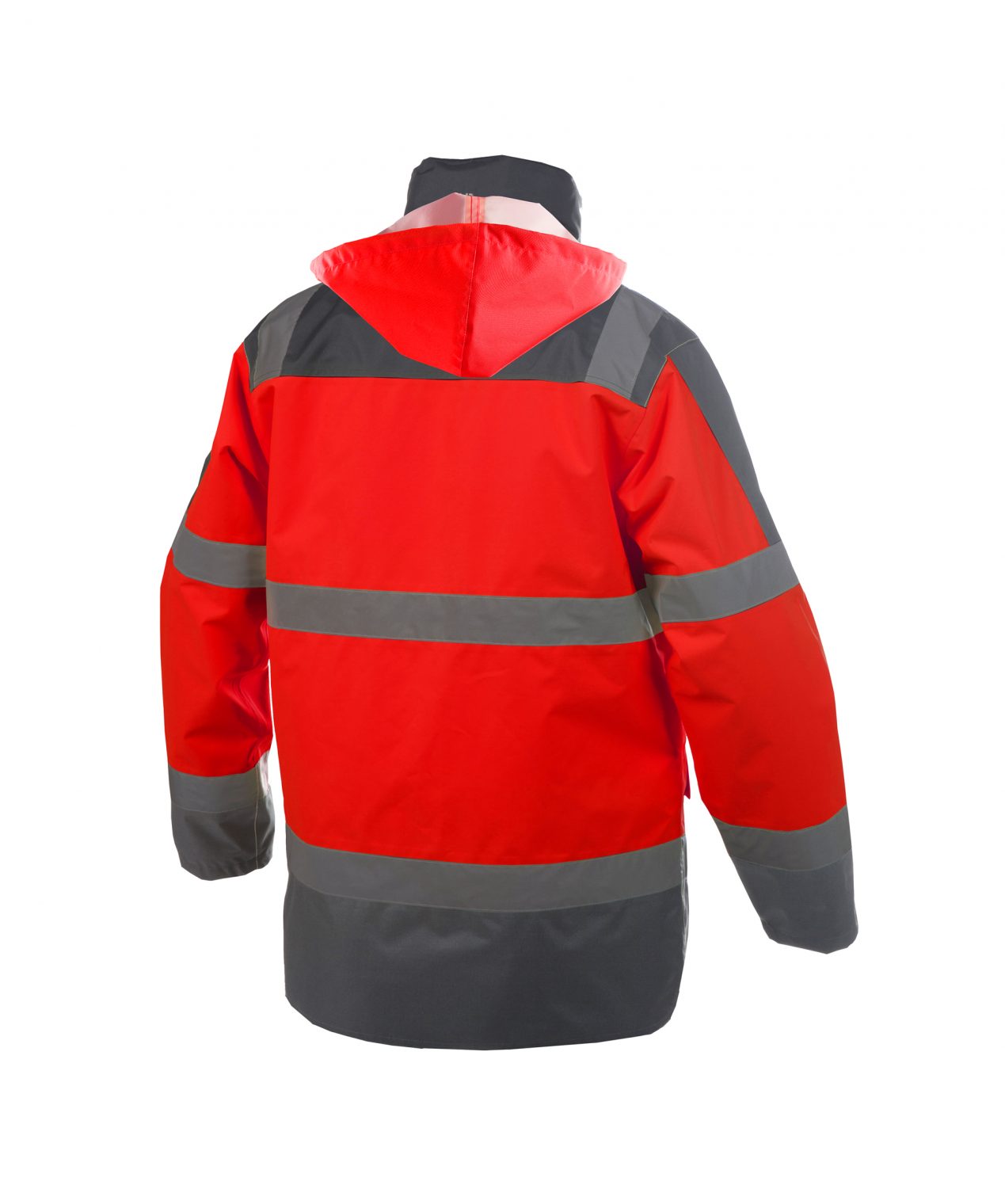 atlantis high visibility waterproof parka fluo red cement grey back
