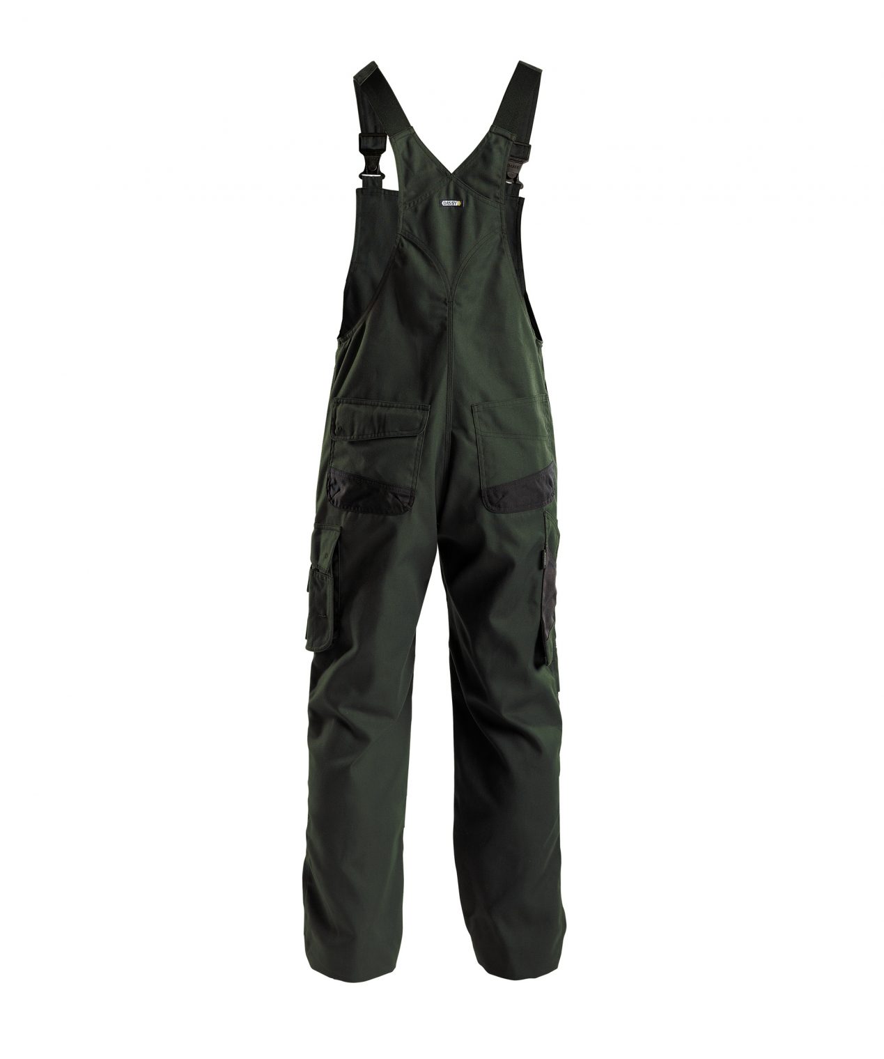 bolt canvas brace overall with knee pockets moss green black back