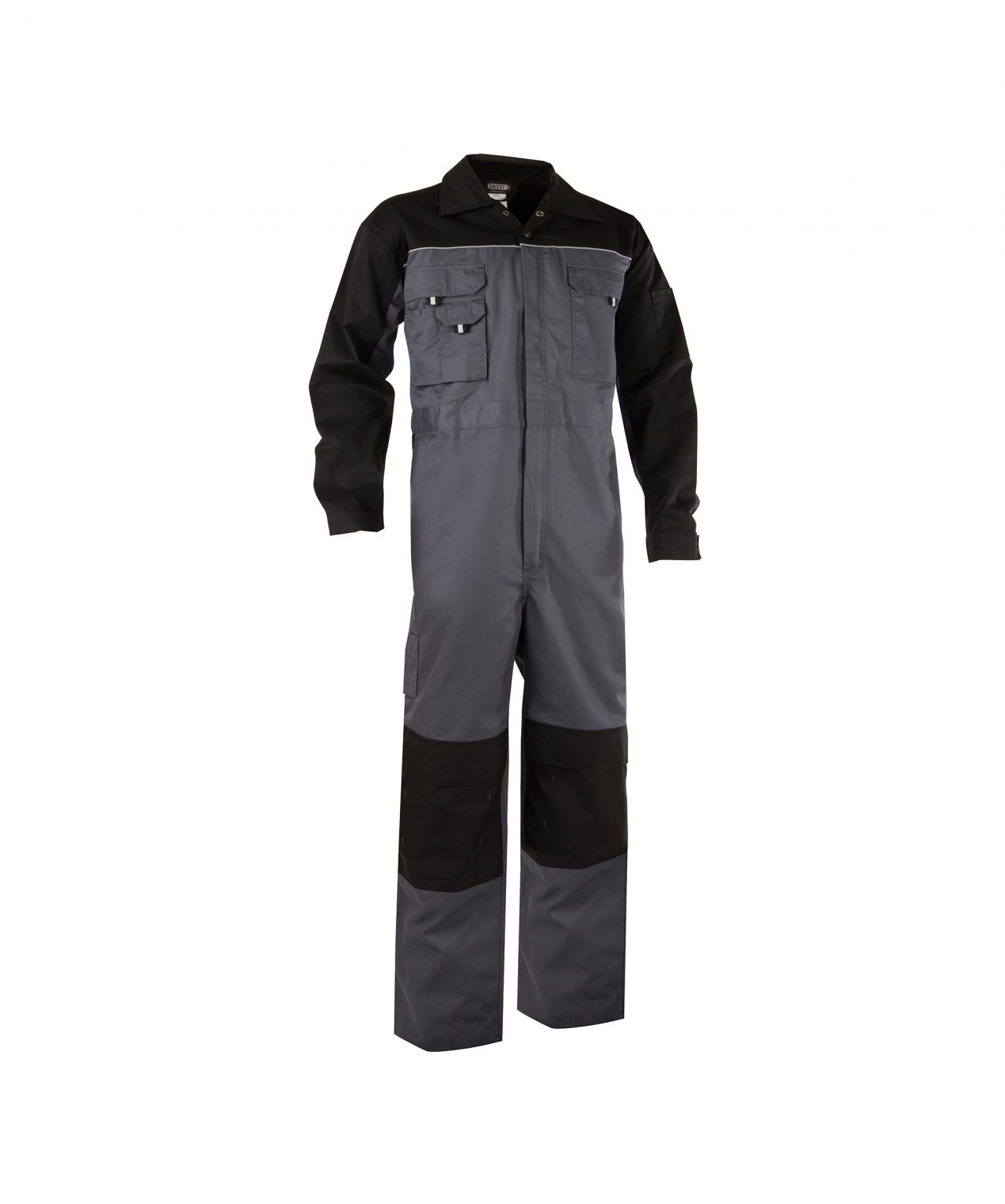 cannes two tone overall with knee pockets cement grey black front