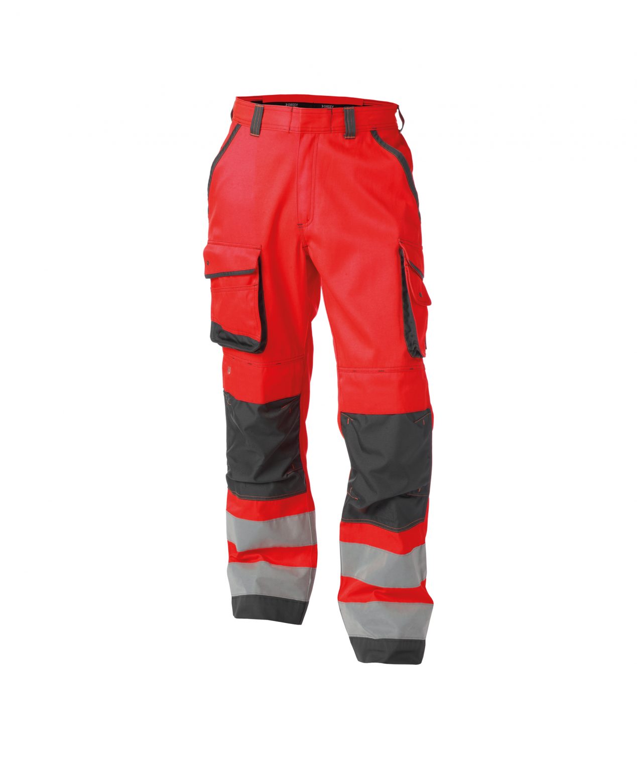 chicago high visibility work trousers with knee pockets fluo red cement grey front
