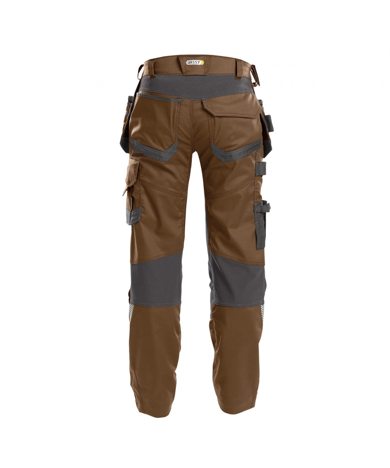 flux trousers with stretch holster and knee pockets clay brown anthracite grey back