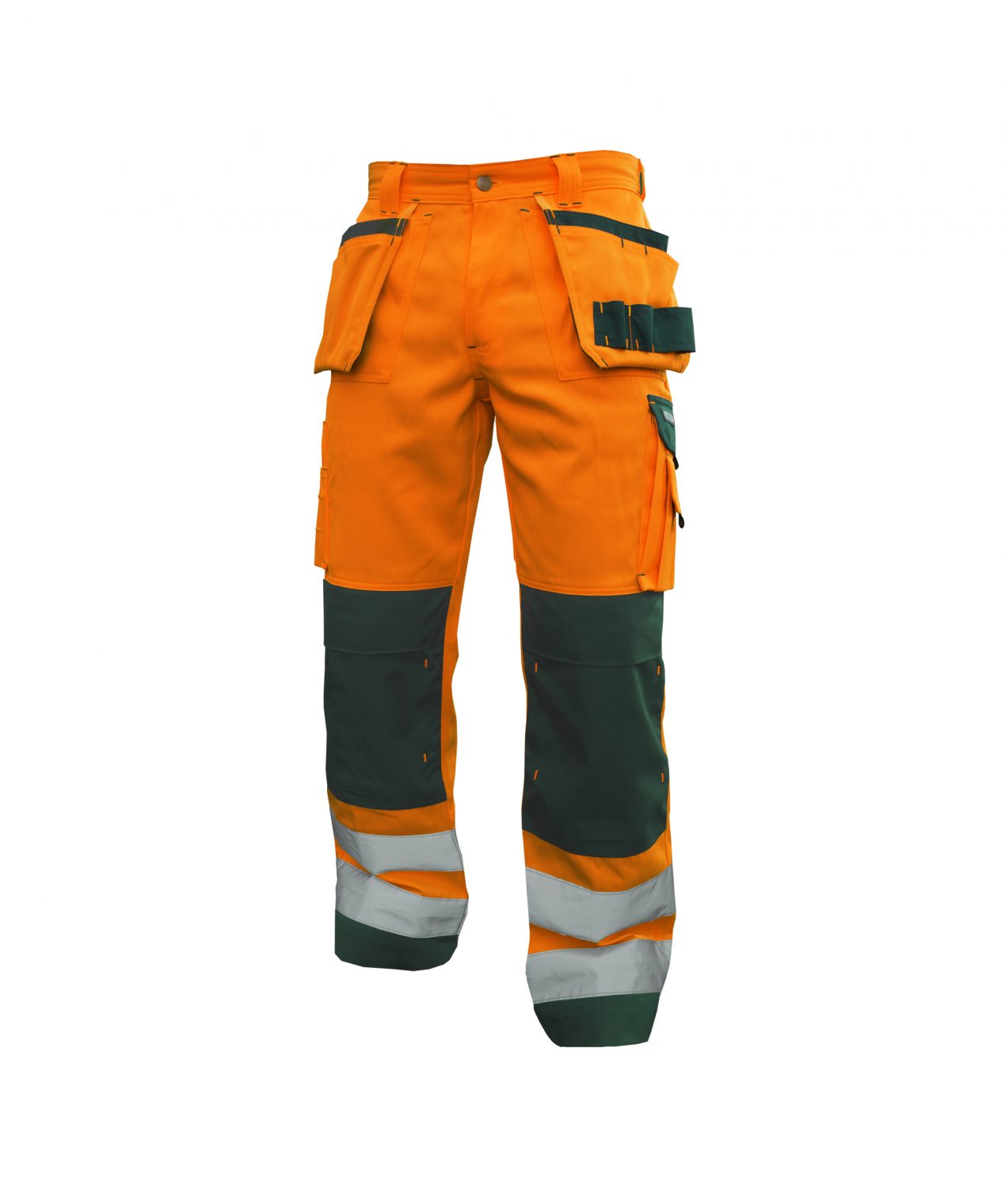 glasgow high visibility trousers with holster pockets and knee pockets fluo orange bottle green front