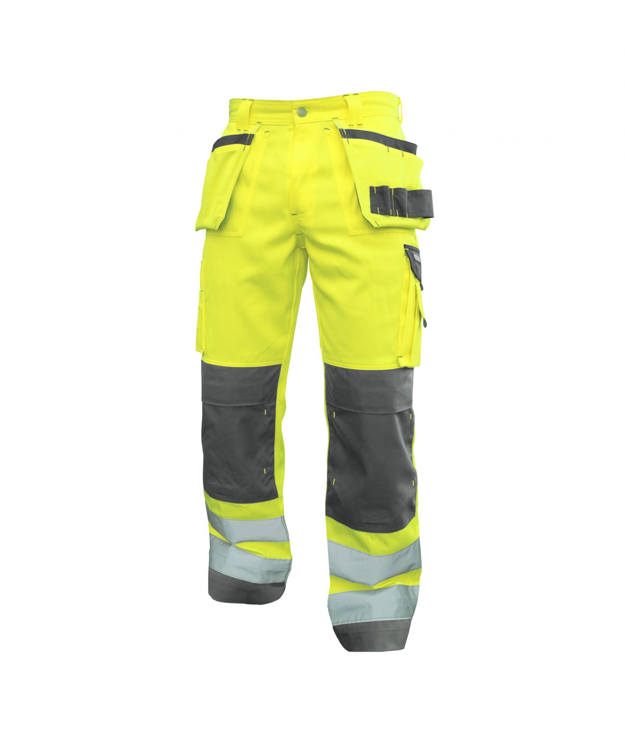 glasgow high visibility trousers with holster pockets and knee pockets fluo yellow cement grey front
