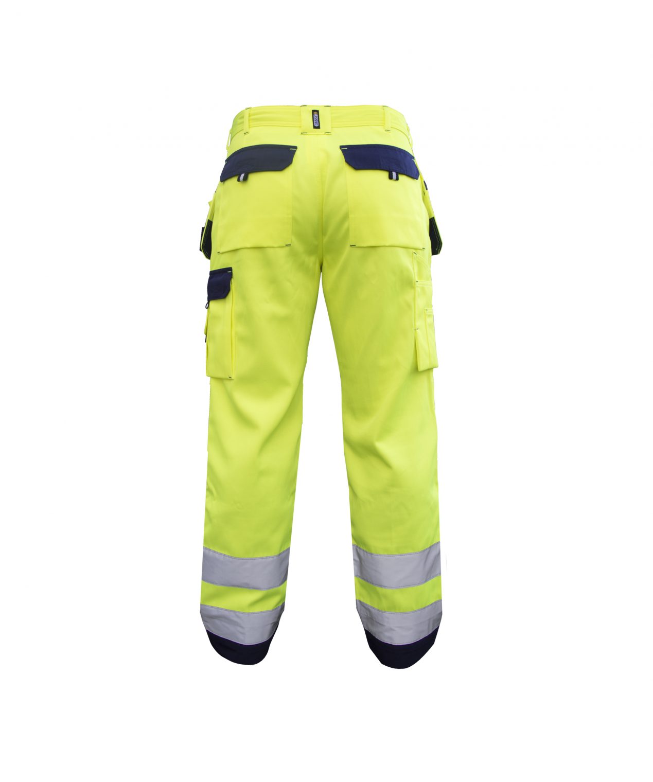 glasgow high visibility trousers with holster pockets and knee pockets fluo yellow navy back