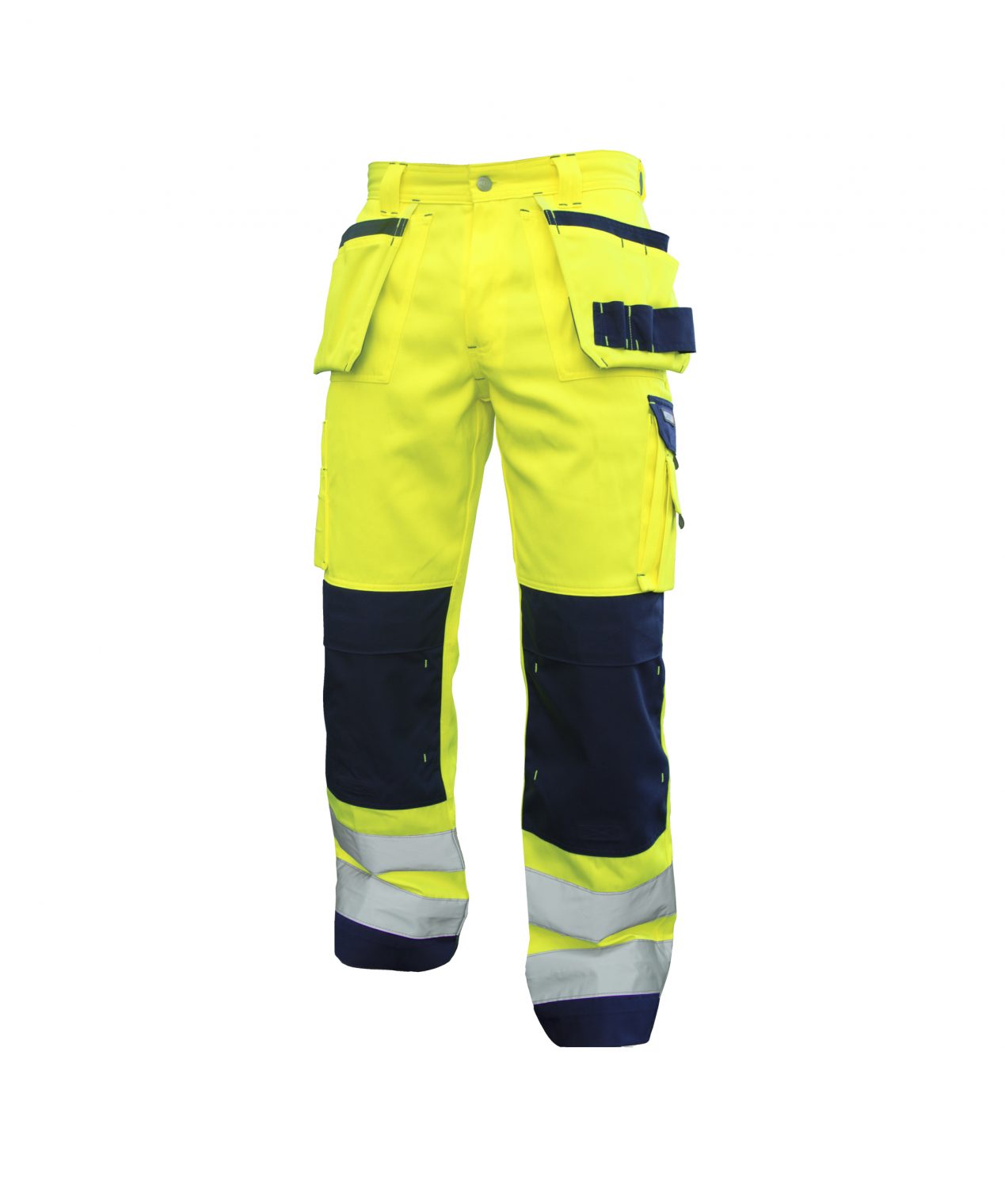 glasgow high visibility trousers with holster pockets and knee pockets fluo yellow navy front
