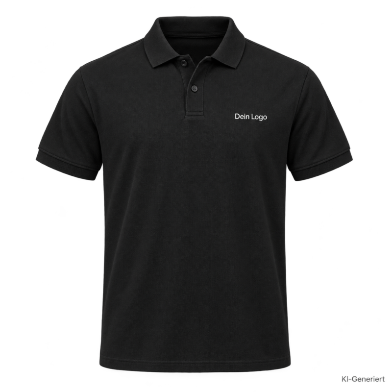 B&C My Polo 180 – PU424 – Farbe 002 - black – KI-generiertes Produktbild mit „Dein Logo“