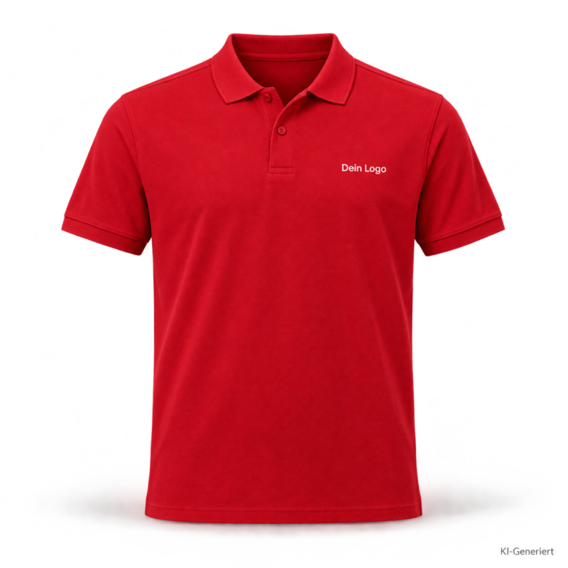 B&C My Polo 180 – PU424 – Farbe 004 - red – KI-generiertes Produktbild mit „Dein Logo“