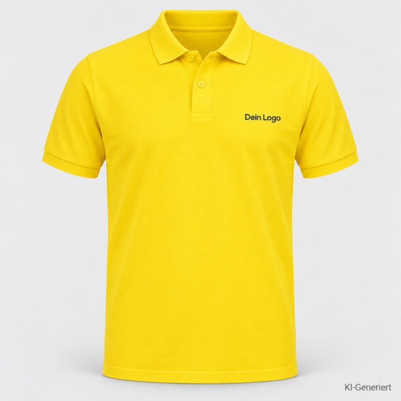 B&C My Polo 180 – PU424 – Farbe 201 - solar yellow – KI-generiertes Produktbild mit „Dein Logo“