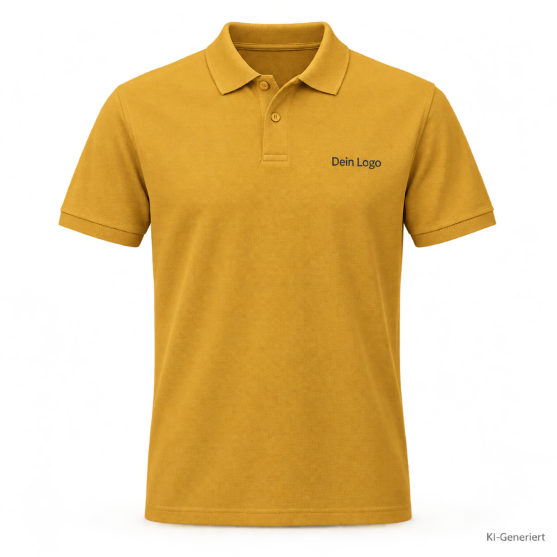 B&C My Polo 180 – PU424 – Farbe 211 - meta gold – KI-generiertes Produktbild mit „Dein Logo“