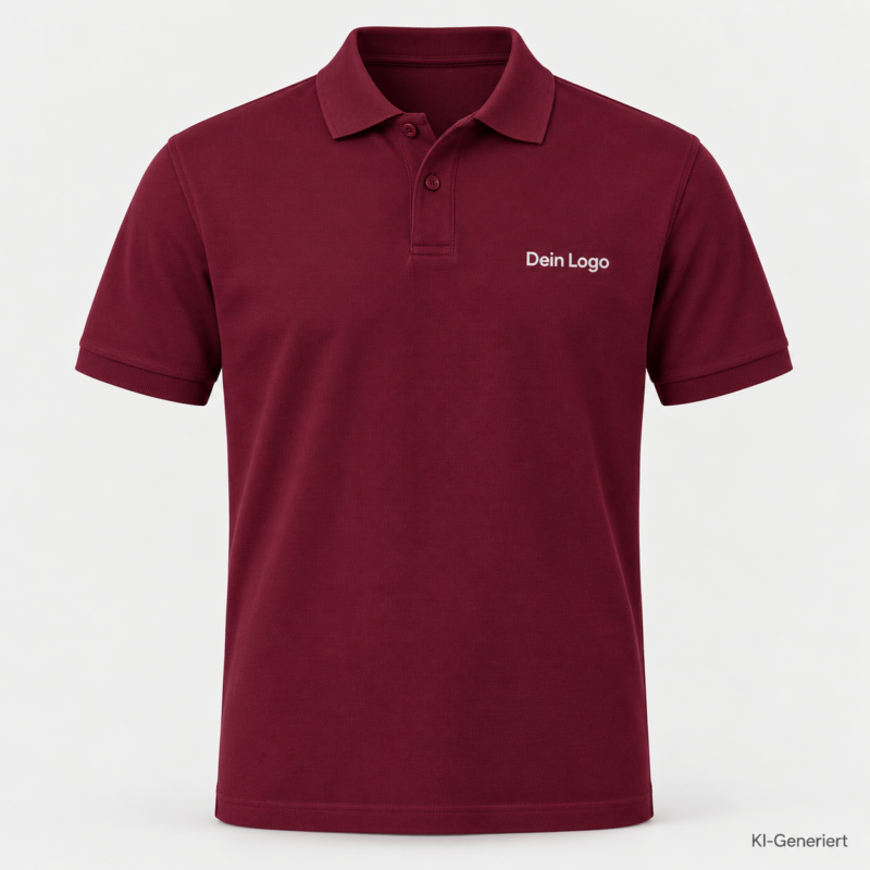 B&C My Polo 180 – PU424 – Farbe 370 - burgundy – KI-generiertes Produktbild mit „Dein Logo“