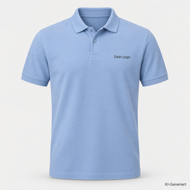 B&C My Polo 180 – PU424 – Farbe 406 - blush blue – KI-generiertes Produktbild mit „Dein Logo“