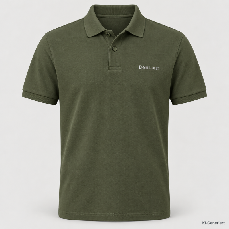 B&C My Polo 180 – PU424 – Farbe 554 - camo green – KI-generiertes Produktbild mit „Dein Logo“