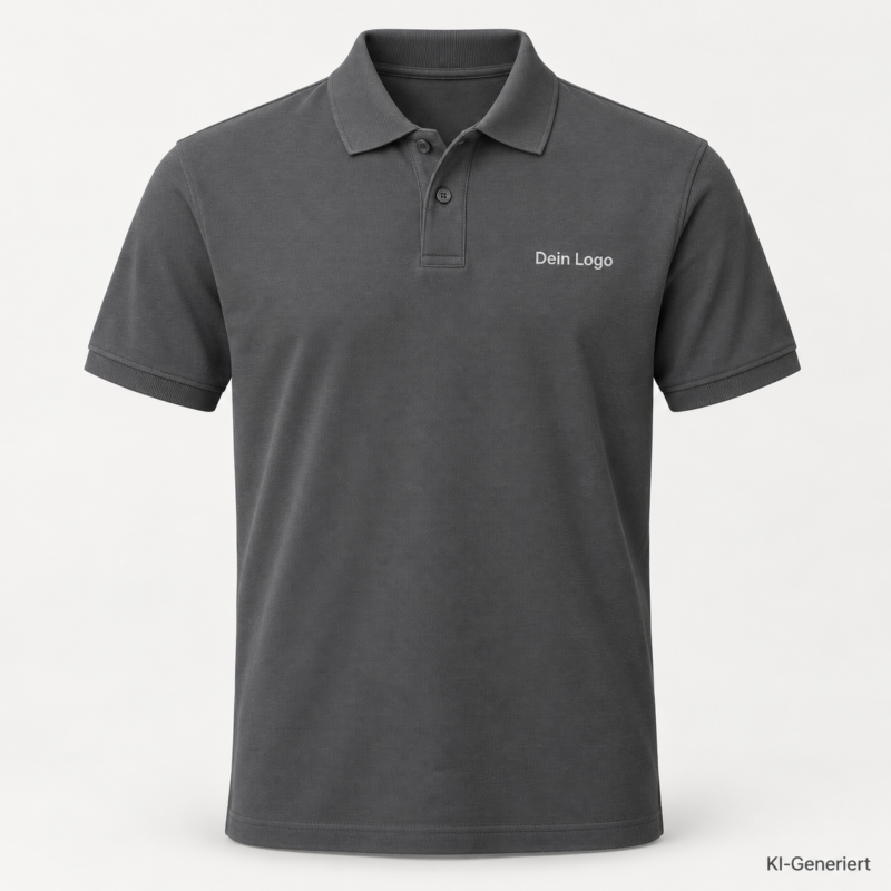 B&C My Polo 180 – PU424 – Farbe 670 - dark grey – KI-generiertes Produktbild mit „Dein Logo“