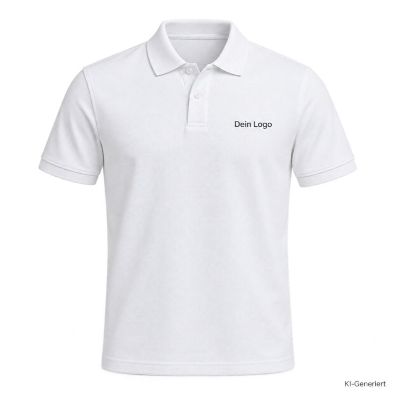 B&C My Polo 210 – PU426 – Farbe 001 - white – KI-generiertes Produktbild mit „Dein Logo“