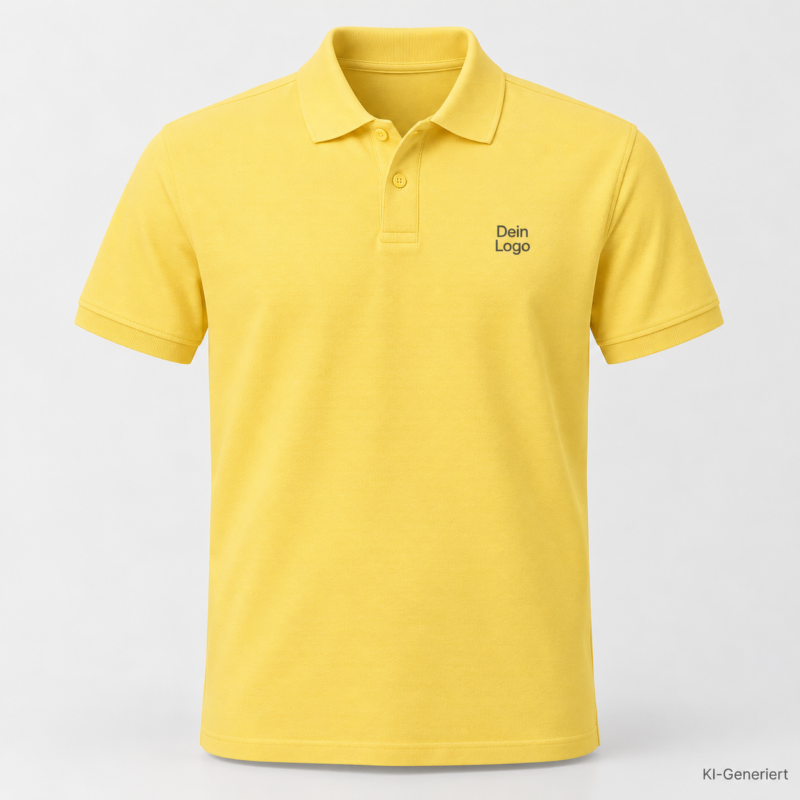 B&C My Polo 210 – PU426 – Farbe 202 - amalfi yellow – KI-generiertes Produktbild mit „Dein Logo“
