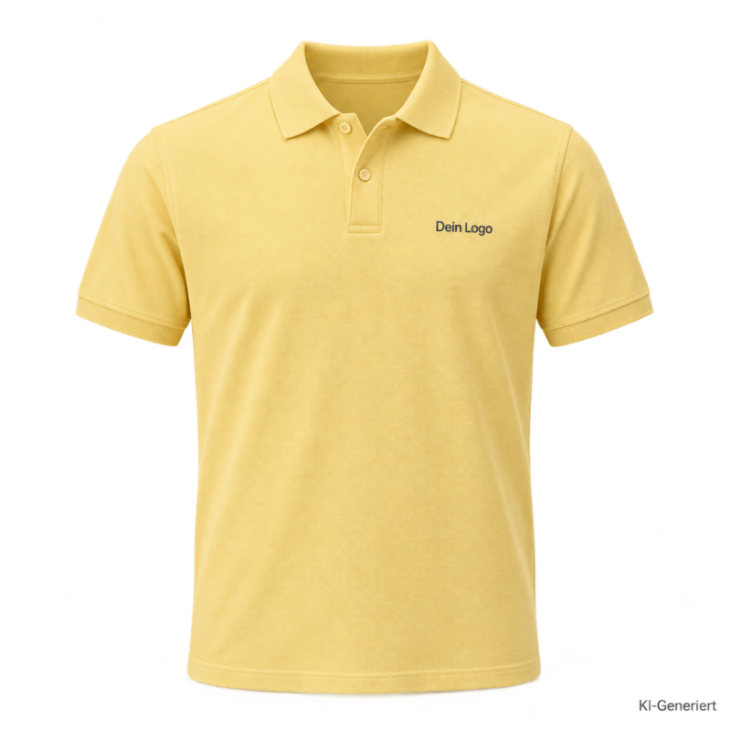B&C My Polo 210 – PU426 – Farbe 215 - mellow yellow – KI-generiertes Produktbild mit „Dein Logo“