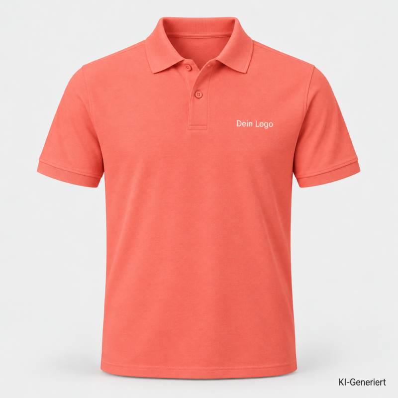 B&C My Polo 210 – PU426 – Farbe 258 - amalfi coral – KI-generiertes Produktbild mit „Dein Logo“