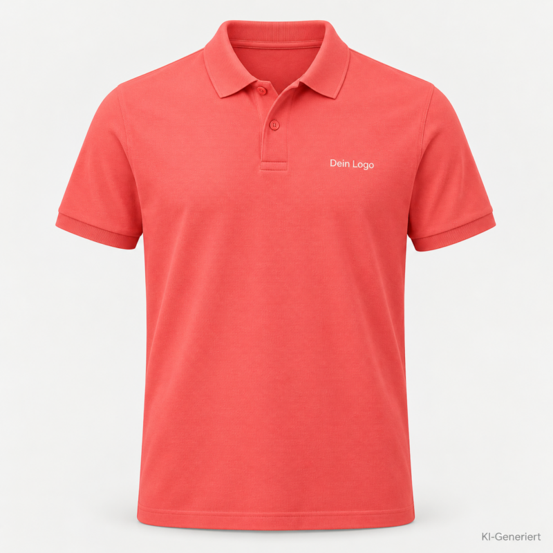 B&C My Polo 210 – PU426 – Farbe 260 - tahiti coral – KI-generiertes Produktbild mit „Dein Logo“