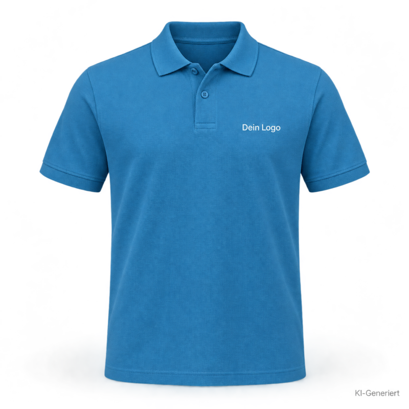B&C My Polo 210 – PU426 – Farbe 431 - lake blue – KI-generiertes Produktbild mit „Dein Logo“