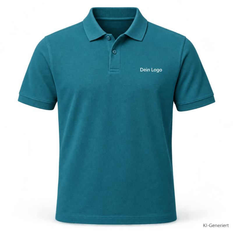 B&C My Polo 210 – PU426 – Farbe 447 - amalfi teal – KI-generiertes Produktbild mit „Dein Logo“