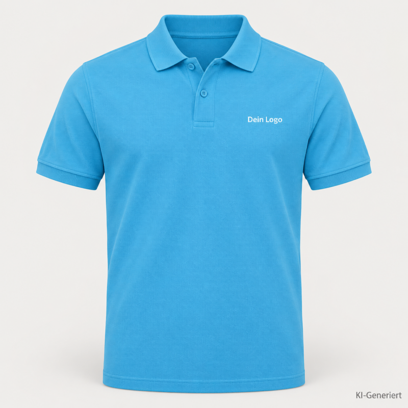 B&C My Polo 210 – PU426 – Farbe 504 - amalfi blue – KI-generiertes Produktbild mit „Dein Logo“