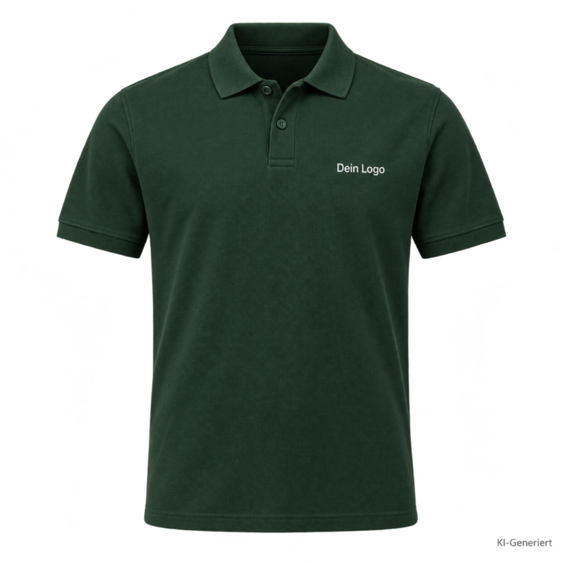 B&C My Polo 210 – PU426 – Farbe 548 - dark forest – KI-generiertes Produktbild mit „Dein Logo“