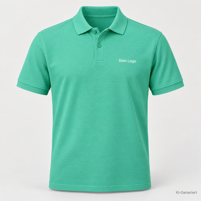 B&C My Polo 210 – PU426 – Farbe 553 - amalfi green – KI-generiertes Produktbild mit „Dein Logo“