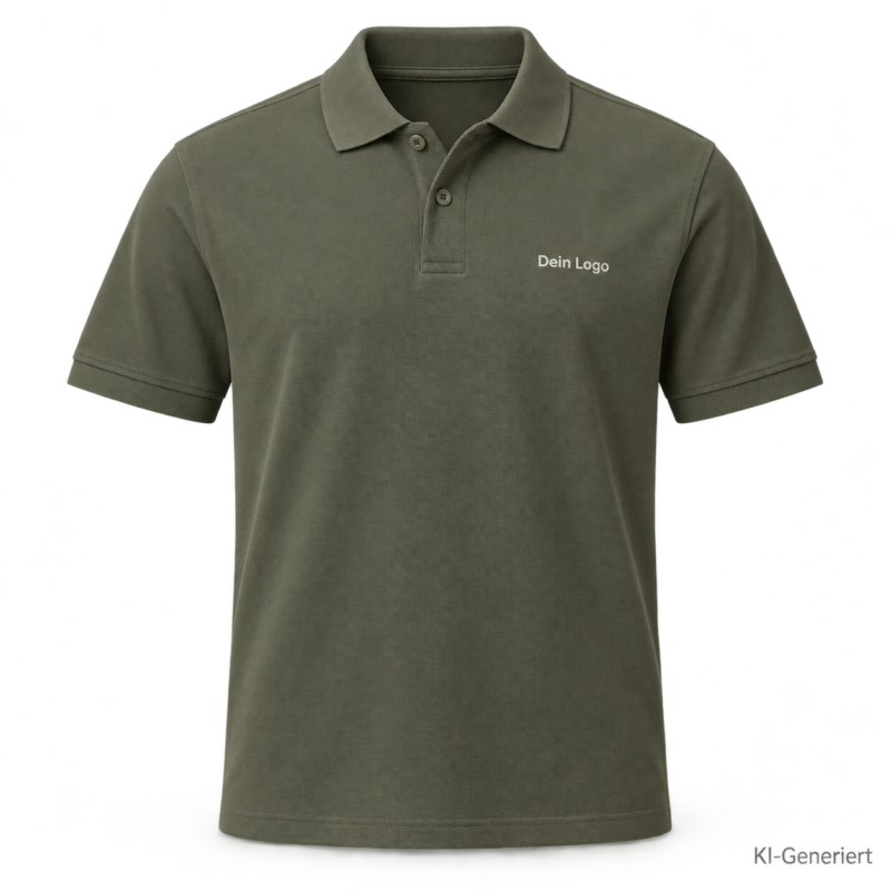 B&C My Polo 210 – PU426 – Farbe 554 - camo green – KI-generiertes Produktbild mit „Dein Logo“