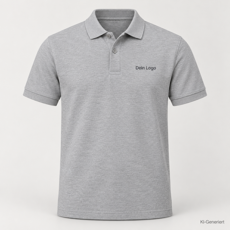 B&C My Polo 210 – PU426 – Farbe 601 - heather grey fog – KI-generiertes Produktbild mit „Dein Logo“
