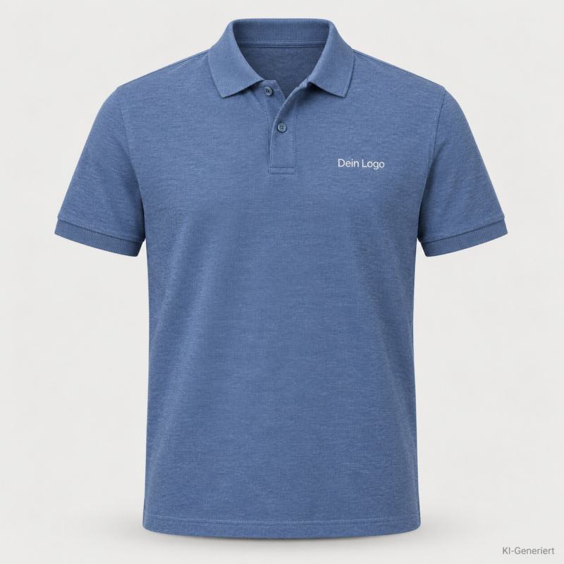 B&C My Polo 210 – PU426 – Farbe 609 - heather blue – KI-generiertes Produktbild mit „Dein Logo“