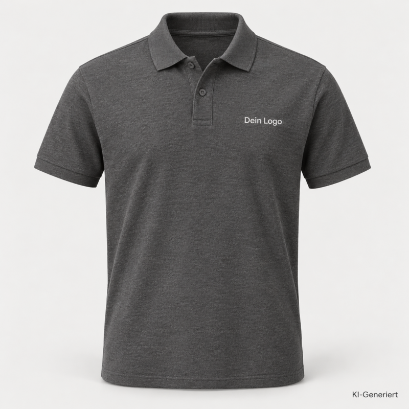 B&C My Polo 210 – PU426 – Farbe 626 - heather tarmac – KI-generiertes Produktbild mit „Dein Logo“