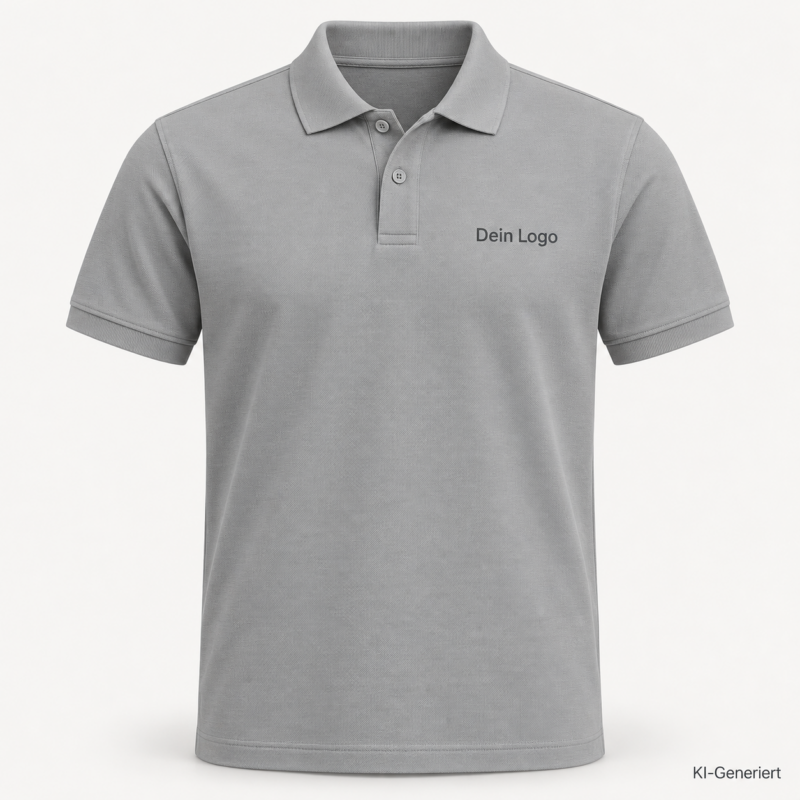 B&C My Polo 210 – PU426 – Farbe 673 - amalfi grey – KI-generiertes Produktbild mit „Dein Logo“