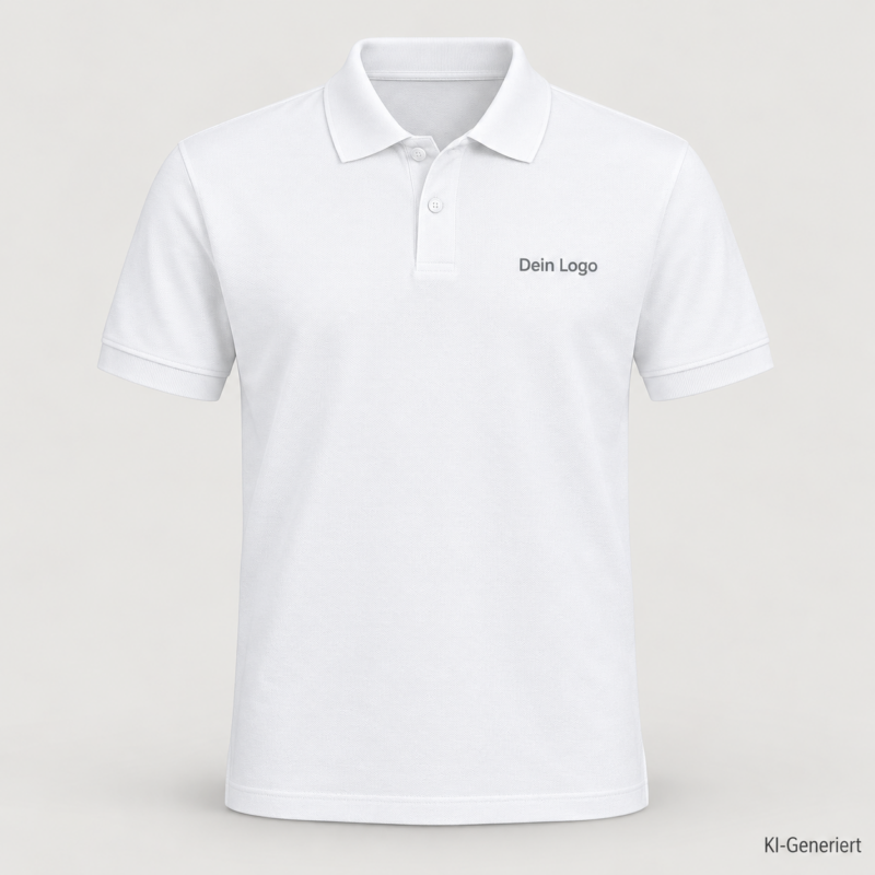 B&C My Eco Polo 65/35 – PU428 – Farbe 001 - white – KI-generiertes Produktbild mit „Dein Logo“