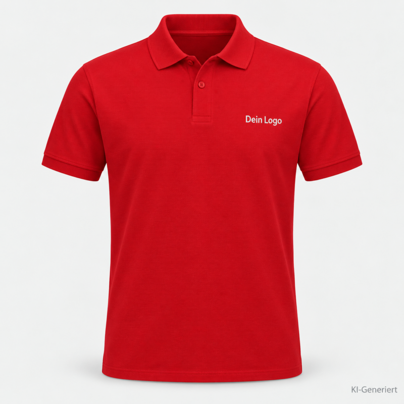 B&C My Eco Polo 65/35 – PU428 – Farbe 004 - red – KI-generiertes Produktbild mit „Dein Logo“