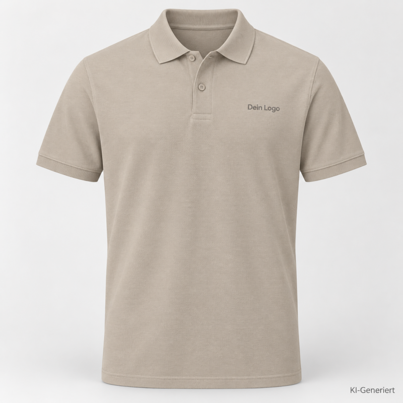 B&C My Eco Polo 65/35 – PU428 – Farbe 121 - mastic – KI-generiertes Produktbild mit „Dein Logo“