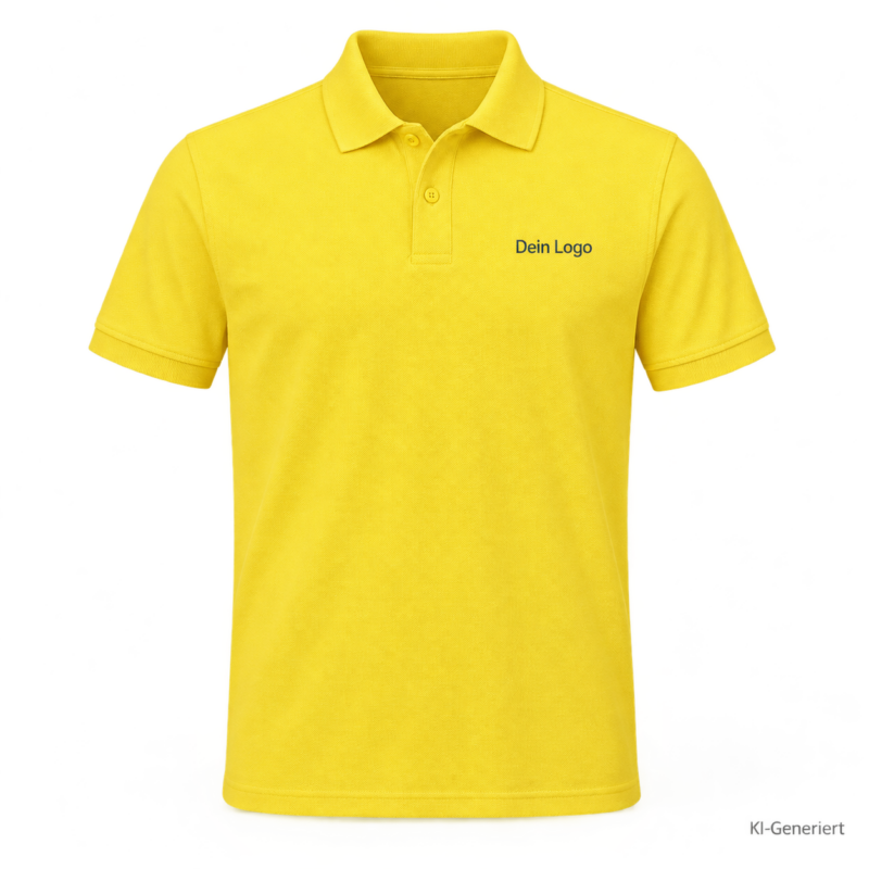B&C My Eco Polo 65/35 – PU428 – Farbe 208 - pop yellow – KI-generiertes Produktbild mit „Dein Logo“