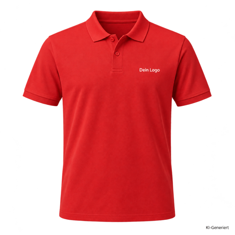 B&C My Eco Polo 65/35 – PU428 – Farbe 240 - pop tomato – KI-generiertes Produktbild mit „Dein Logo“