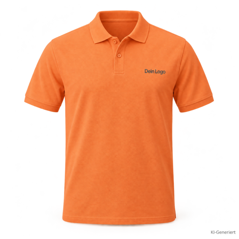 B&C My Eco Polo 65/35 – PU428 – Farbe 255 - melon orange – KI-generiertes Produktbild mit „Dein Logo“
