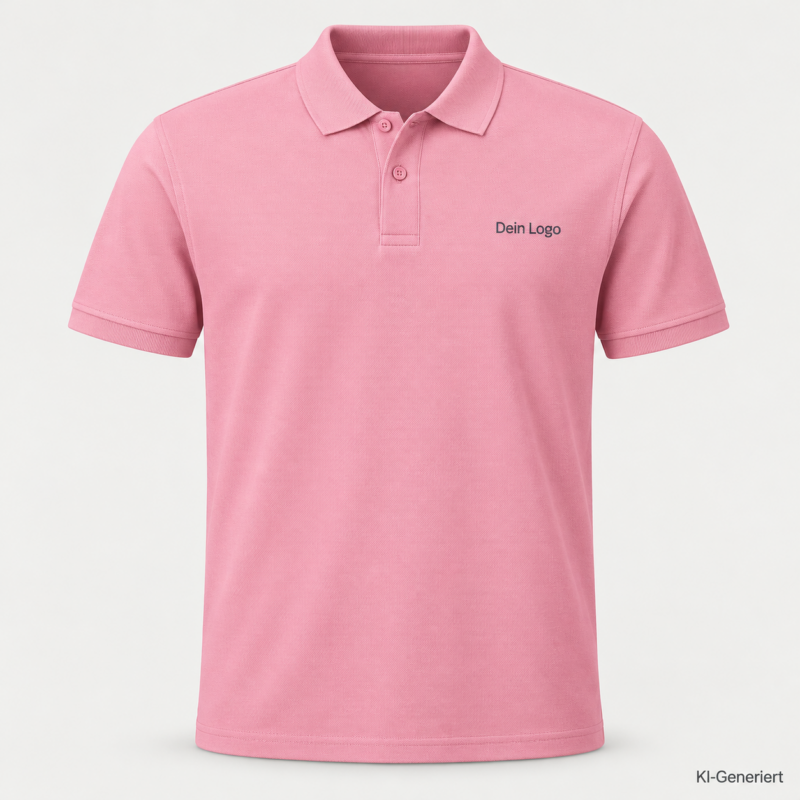 B&C My Eco Polo 65/35 – PU428 – Farbe 313 - lotus pink – KI-generiertes Produktbild mit „Dein Logo“
