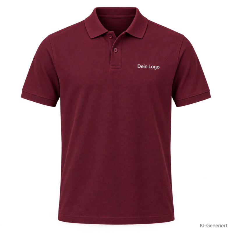 B&C My Eco Polo 65/35 – PU428 – Farbe 370 - burgundy – KI-generiertes Produktbild mit „Dein Logo“