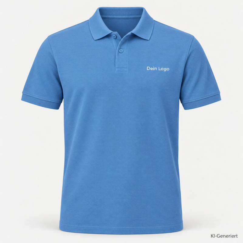 B&C My Eco Polo 65/35 – PU428 – Farbe 408 - lotus blue – KI-generiertes Produktbild mit „Dein Logo“