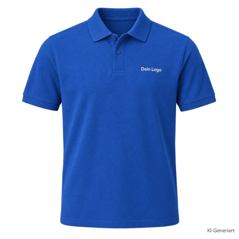 B&C My Eco Polo 65/35 – PU428 – Farbe 450 - royal blue – KI-generiertes Produktbild mit „Dein Logo“