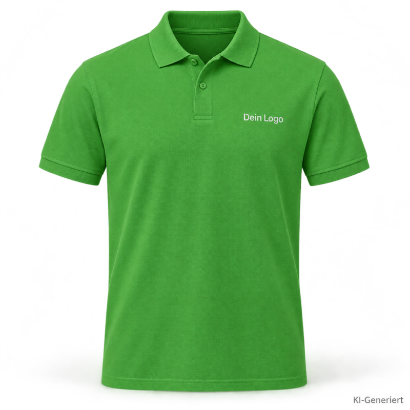 B&C My Eco Polo 65/35 – PU428 – Farbe 518 - pop green – KI-generiertes Produktbild mit „Dein Logo“