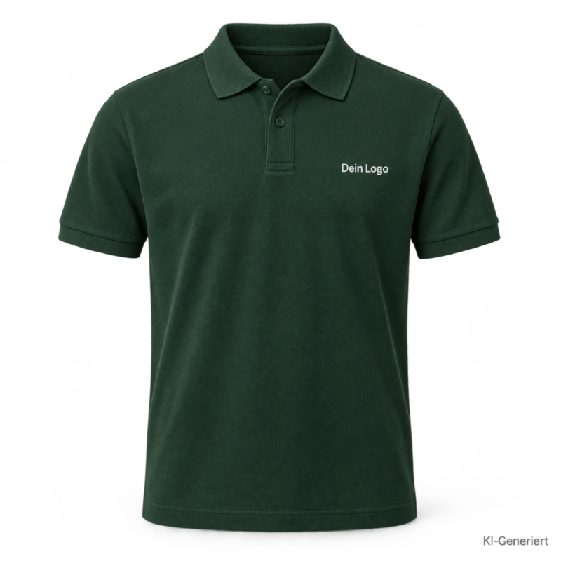 B&C My Eco Polo 65/35 – PU428 – Farbe 547 - dark forest – KI-generiertes Produktbild mit „Dein Logo“