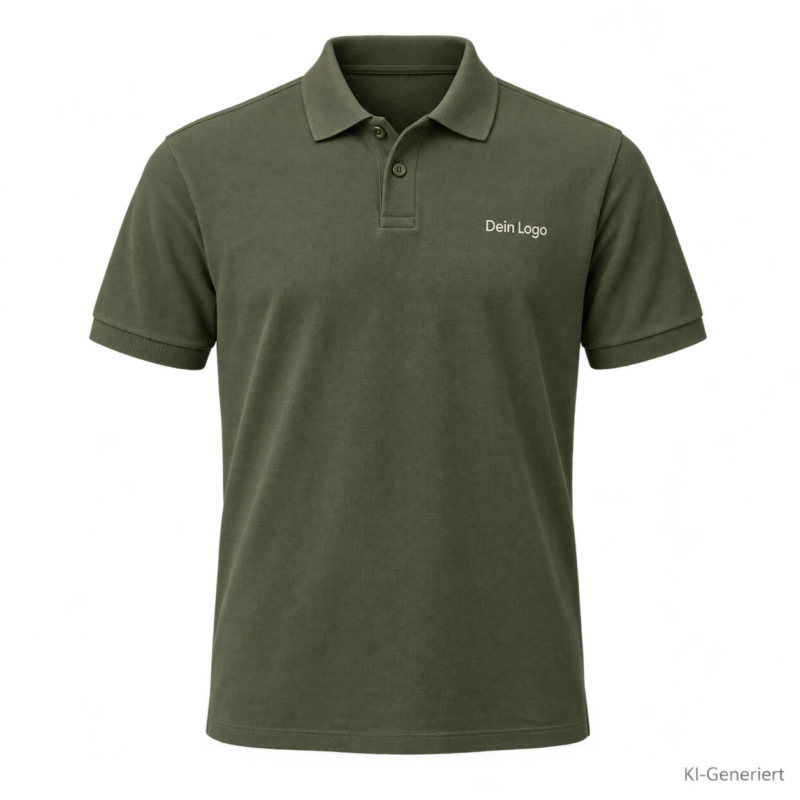 B&C My Eco Polo 65/35 – PU428 – Farbe 554 - camo green – KI-generiertes Produktbild mit „Dein Logo“