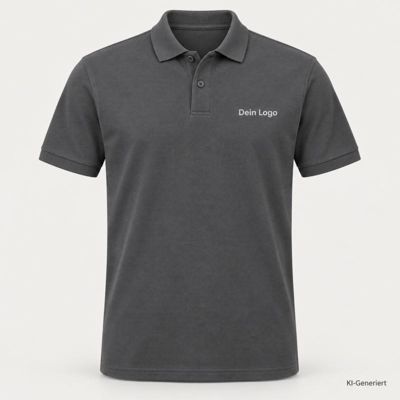 B&C My Eco Polo 65/35 – PU428 – Farbe 670 - dark grey – KI-generiertes Produktbild mit „Dein Logo“